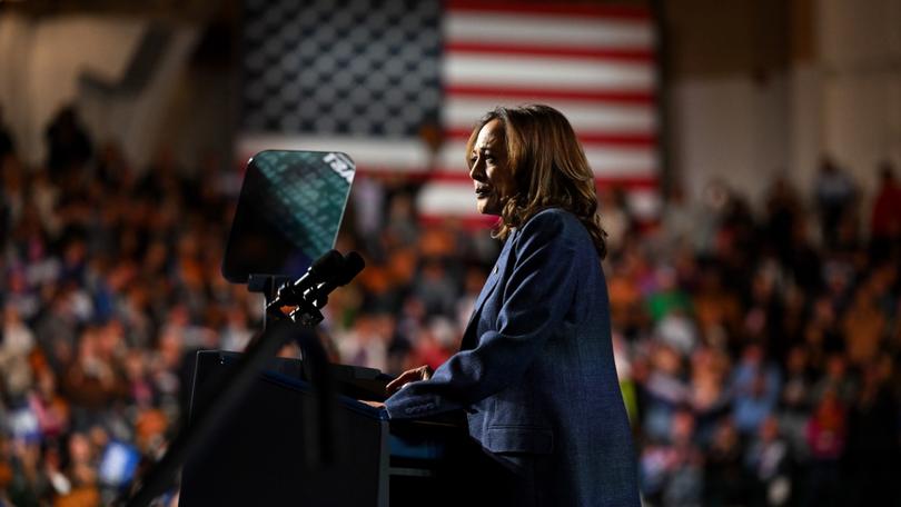 Vice President Kamala Harris speaks at Michigan State University in East Lansing on Sunday. 