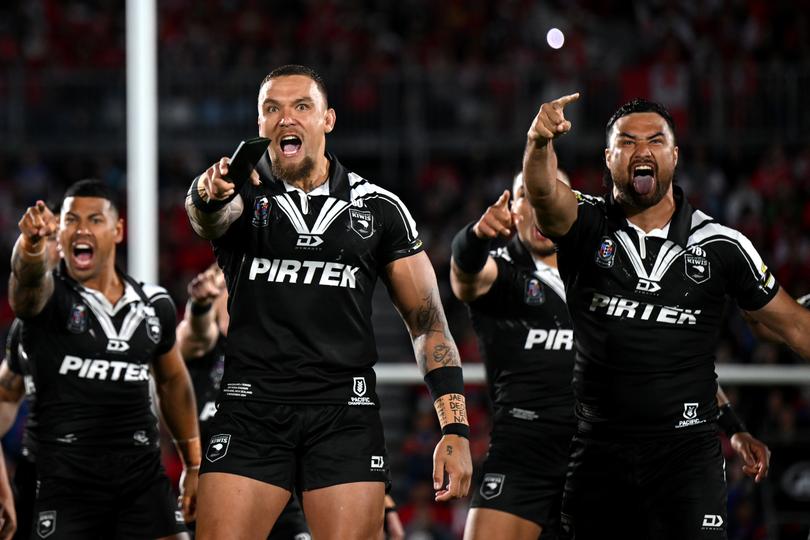 AUCKLAND, NEW ZEALAND - NOVEMBER 02: James Fisher-Harris of the Kiwis leads the haka ahead of the men's 2024 Rugby League Pacific Championship match between New Zealand Kiwis and Tonga XIII at Go Media Stadium on November 02, 2024 in Auckland, New Zealand. (Photo by Hannah Peters/Getty Images)