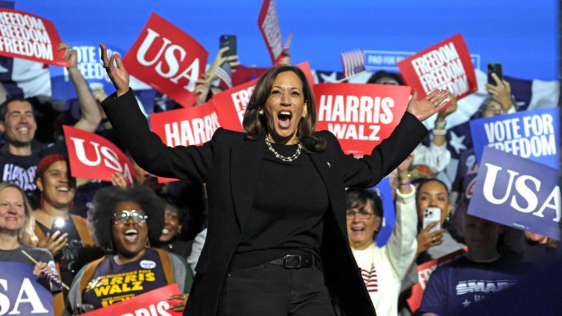 US Vice President and Democratic presidential candidate Kamala Harris walks on stage at a Pennsylvania rally.