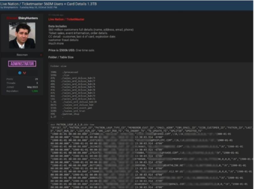 ShinyHunters on Breach Forums claiming Ticketmaster data breach