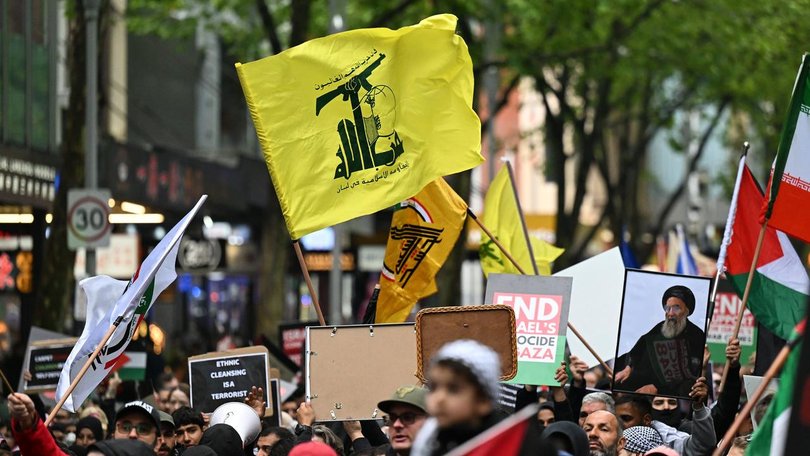 A Hezbollah flag displayed during a Pro-Palestine rally in Melbourne in September.