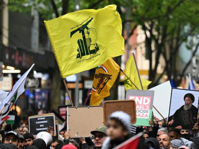 A Hezbollah flag displayed during a Pro-Palestine rally in Melbourne in September.