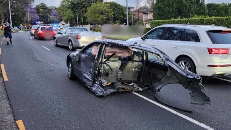 An 18-year-old driver is lucky to have escaped unharmed after the back half of his car was severed in a crash at Baulkham Hills.