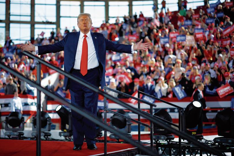 RALEIGH, NORTH CAROLINA - NOVEMBER 04: Republican presidential nominee, former President Donald Trump walks off stage at the conclusion of a campaign rally at the J.S. Dorton Arena on November 04, 2024 in Raleigh, North Carolina. With one day left before the general election, Trump is campaigning for re-election in the battleground states of North Carolina, Pennsylvania and Michigan. (Photo by Chip Somodevilla/Getty Images)