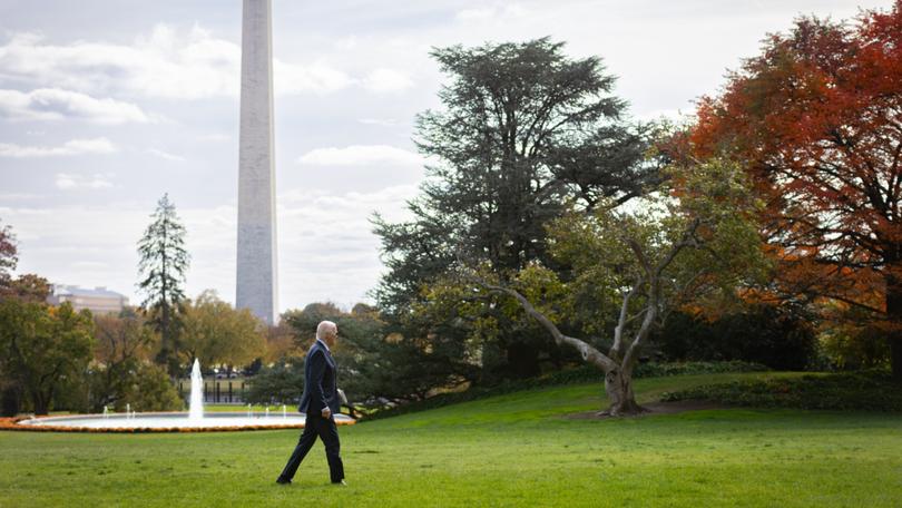 President Joe Biden arrives at the White House on Monday. Biden had no public events on Election Day. (MUST CREDIT: Maansi Srivastava for The Washington Post) 