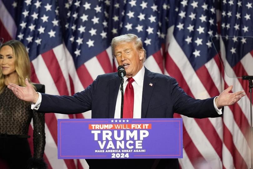 Republican presidential nominee former President Donald Trump speaks at an election night watch party, Wednesday, Nov. 6, 2024, in West Palm Beach, Fla. (AP Photo/Alex Brandon)