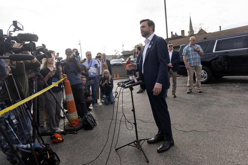 Sen. JD Vance (R-Ohio), the Republican nominee for vice president, speaks to reporters after casting his ballot at his local polling place in Cincinnati on Election Day, Tuesday, Nov. 5, 2024. 