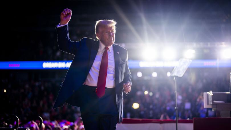 Former President Donald Trump, the Republican presidential nominee, holds his final campaign rally in Grand Rapids, Michigan, after midnight on Tuesday morning, Election Day, Nov. 5, 2024.