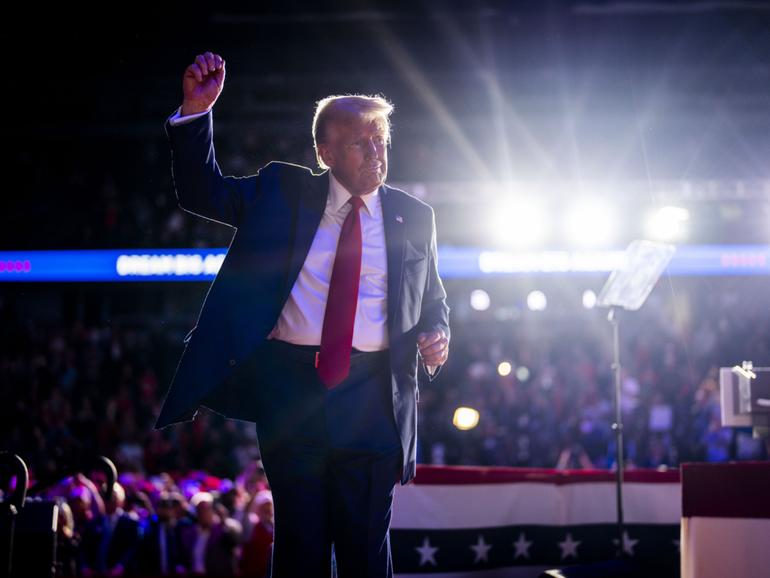 Former President Donald Trump, the Republican presidential nominee, holds his final campaign rally in Grand Rapids, Michigan, after midnight on Tuesday morning, Election Day, Nov. 5, 2024.