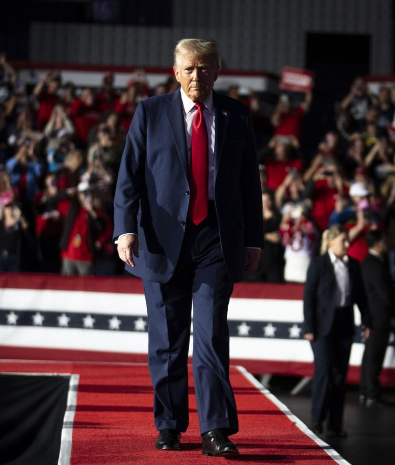 Donald Trump, the Republican presidential nominee, holds his final campaign rally in Grand Rapids, Michigan, after midnight on Tuesday morning, Election Day, Nov. 5, 2024. 