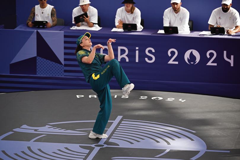 Australian breaker Rachael Gunn, also known as Raygun, during the B-Girls Round Robin breaking competition at La Concorde Urban Park in Paris.