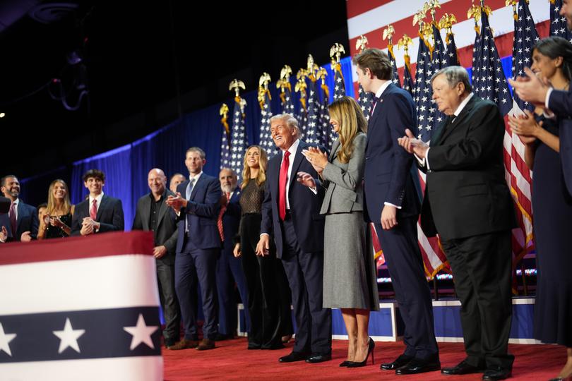 Former President Donald Trump on the stage during an election night event at the Palm Beach County Convention Center in West Palm Beach, Fla., on Wednesday, Nov. 6, 2024. 