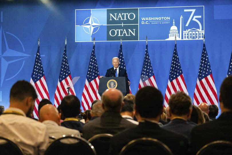 Joe Biden speaks during a press conference at the NATO Summit in Washington, July 11, 2024. For the past four years, President Biden has argued that the first Trump term was a blip in American history.