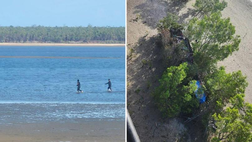 Incredible photos taken on Thursday afternoon show Indonesian fishermen swimming through shallow, croc-infested waters at West Arnhem Land in the Northern Territory to collect sea cucumbers.