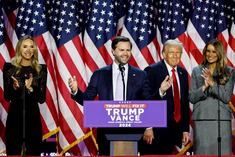 Lara Trump, co-chair of the Republican National Committee, Senator JD Vance, a Republican from Ohio and Republican vice-presidential nominee, former US President Donald Trump, and First Lady Melania Trump during an election night event at the Palm Beach Convention Center in West Palm Beach, Florida, US, on Wednesday, Nov. 6, 2024. Trump is on the cusp of recapturing the White House, projected as the winner across pivotal swing states with his party set to control the Senate and markets swinging in expectation of his possible victory. Photographer: Eva Marie Uzcategui/Bloomberg