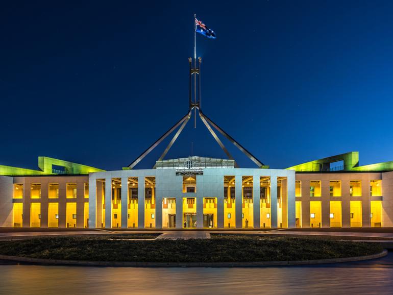 Canberra, Australia - Apr 26, 2018: Parliament House illuminated at night