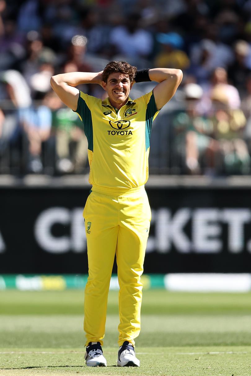 Sean Abbott of Australia looks on after a delivery.