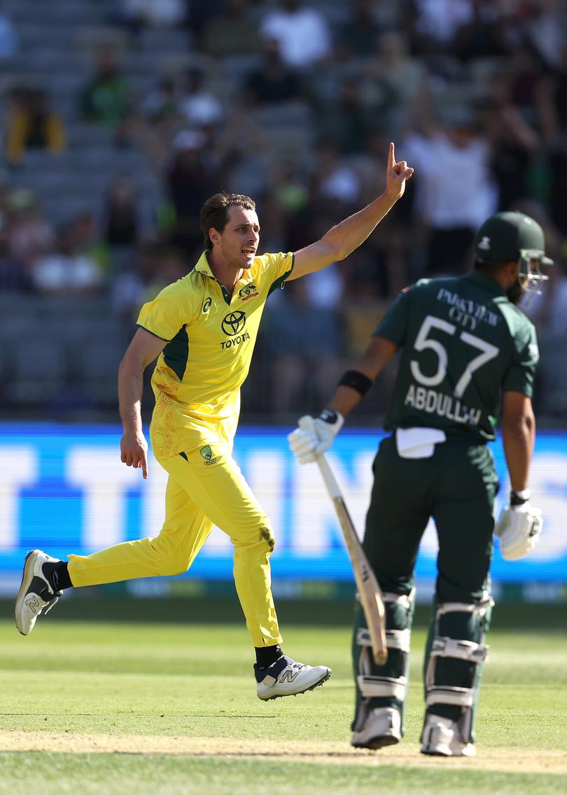 Lance Morris of Australia celebrates the wicket of Abdullah Shafique.