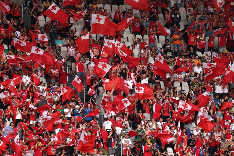 SYDNEY, AUSTRALIA - NOVEMBER 10:  Tongan fans show their support during the 2024 Pacific Championships Pacific Cup Men's Final match Australia Kangaroos and Tonga XIII at CommBank Stadium on November 10, 2024 in Sydney, Australia. (Photo by Matt King/Getty Images)