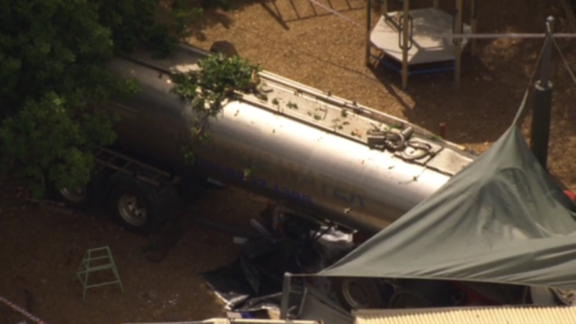 The truck, which appears to be a water truck, crashed into the kindergarten through the playground.