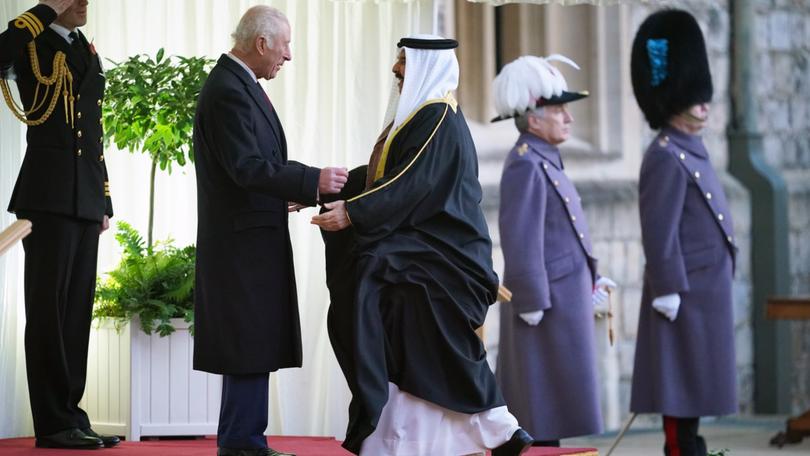 King Charles III shakes hands with King Hamad Bin Isa Al Khalifa, King of the Kingdom of Bahrain, during his visit to the UK.