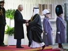 King Charles III shakes hands with King Hamad Bin Isa Al Khalifa, King of the Kingdom of Bahrain, during his visit to the UK.