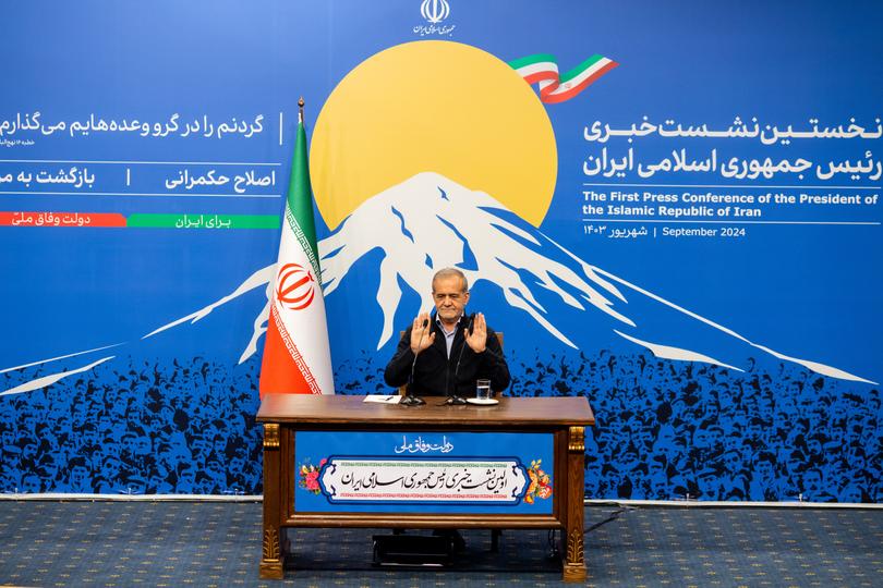 President Masoud Pezeshkian of Iran at a news conference in Tehran, Iran, Sept. 16, 2024. 