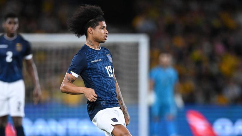 Marco Angulo, seen playing for Ecuador in Melbourne last year, has died following a car crash. (James Ross/AAP PHOTOS)