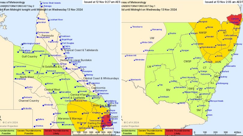 Thunderstorms are possible across much of eastern Australia, BOM warned on Wednesday.