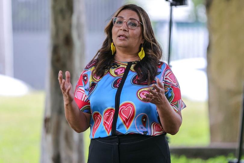 Senator Mehreen Faruqi announces key party plans during a press conference at Tugulawa Park in Bulimba, Brisbane, Saturday, January 22, 2022. (AAP Image/Russell Freeman) NO ARCHIVING