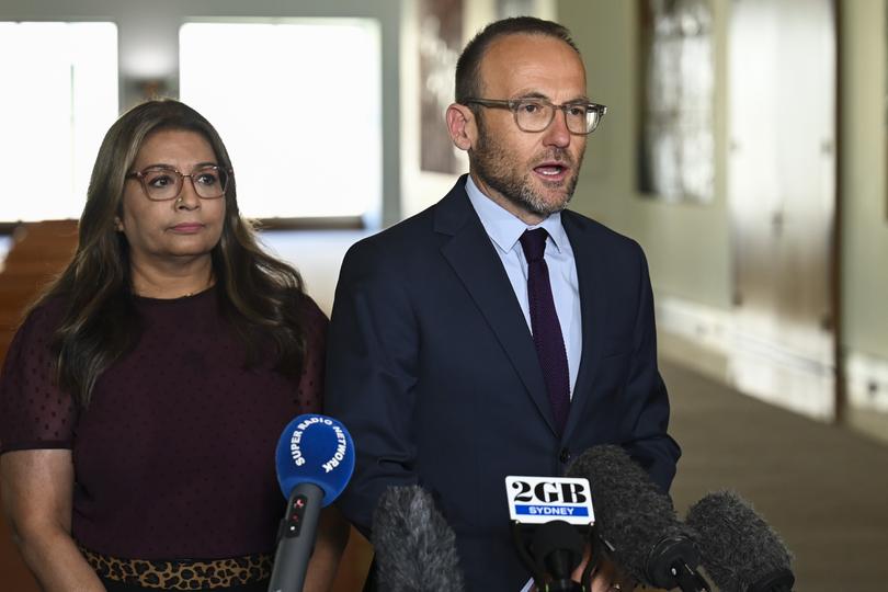 CANBERRA, AUSTRALIA - FEBRUARY 06: Party leader of the Australian Greens Adam Bandt and Senator Mehreen Faruqi address the media after the resignation of Senator Lidia Thorpe from the Australian Greens Party at Parliament House on February 06, 2023 in Canberra, Australia. The political year intensified in Canberra on Monday as parliament sat for the first time for the year, with intense focus expected on the debate around the Voice to parliament. (Photo by Martin Ollman/Getty Images)