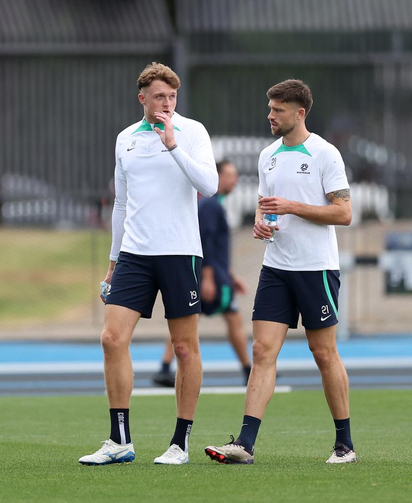 MELBOURNE, AUSTRALIA - NOVEMBER 12: Harry Souttar and Cameron Burgess of the Socceroos are seen during a Socceroos training session at Lakeside Stadium on November 12, 2024 in Melbourne, Australia. (Photo by Robert Cianflone/Getty Images)