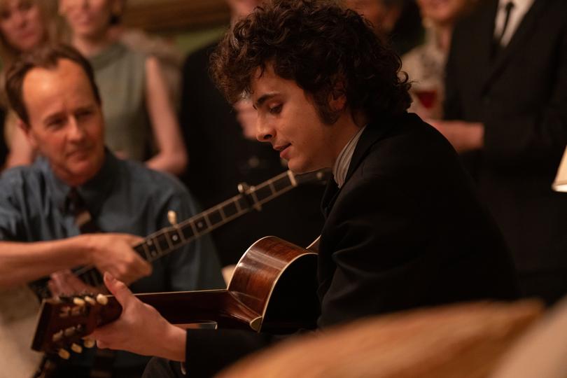 Timothee Chalamet as Bob Dylan in A Complete Unknown.