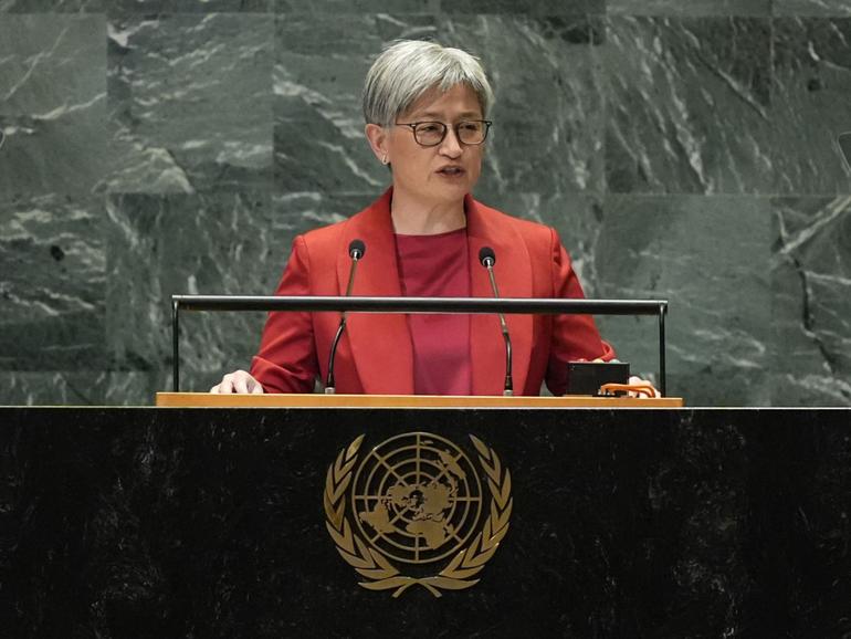 Foreign Affairs Minister Penny Wong addresses the United Nations General Assembly.