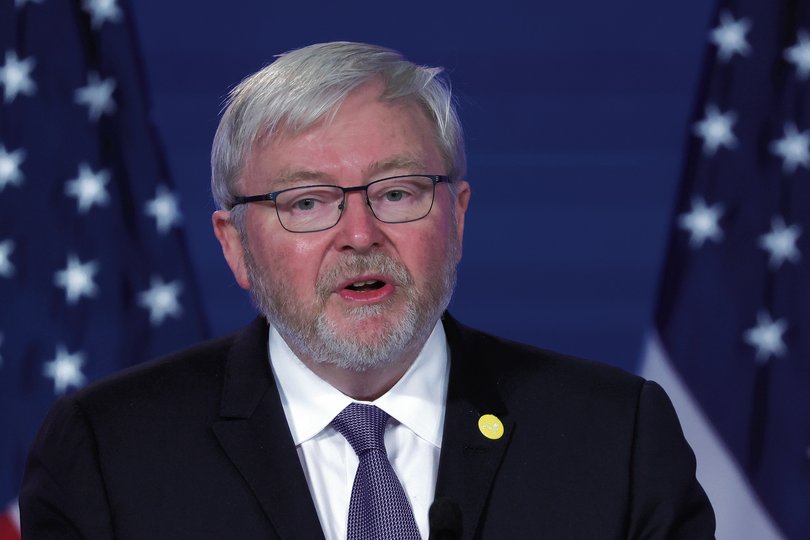 WASHINGTON, DC - MAY 26:  President of the Asia Society and former Australian prime minister Kevin Rudd speaks as he introduces U.S. Secretary of State Antony Blinken during an event at Jack Morton Auditorium of George Washington University May 26, 2022 in Washington, DC. Blinken delivered a speech on the Biden administrationâ€™s policy toward China during the event hosted by the Asia Society Policy Institute. (Photo by Alex Wong/Getty Images)