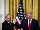 President Donald Trump and Israeli Prime Minister Benjamin Netanyahu announce an Israeli-Palestinian peace proposal at the White House on Jan. 28, 2020. (MUST CREDIT: Jabin Botsford/The Washington Post)