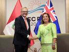 Peruvian President Dina Boluarte meets with Anthony Albanese during in Lima.