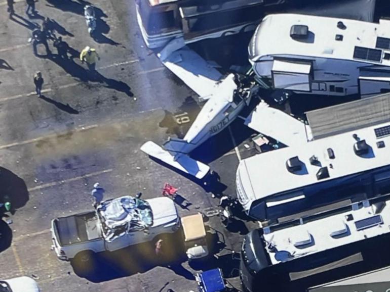 The plane crashed into cars and campervans at Pomona.