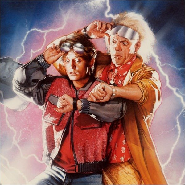 Poster image from Back to the Future II, featuring Michael J Fox and Christopher Lloyd.