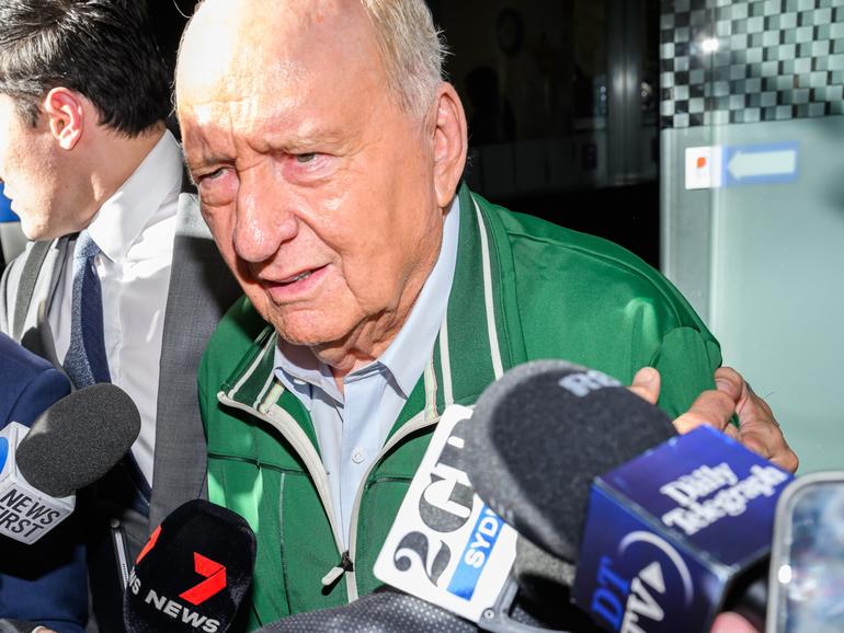 Alan Jones departs the Day St Police Station, in Sydney, Monday, November 18, 2024. Veteran radio broadcaster Alan Jones, 83, has been arrested over indecent assault and sexual touching allegations spanning two decades. (AAP Image/Bianca De Marchi) NO ARCHIVING