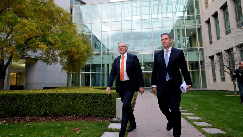 CANBERRA, AUSTRALIA - MAY 15: Prime Minister of Australia, Anthony Albanese and Treasurer of Australia, the Hon Dr Jim Chalmers MP (R) arrive for post budget media interviews at Parliament House on May 15, 2024 in Canberra, Australia. Australia's Labor government is grappling with a slowing economy, weaker commodity prices, soaring housing costs and a softening labor market. It unveiled its federal budget on May 14. The budget is seen as a key opportunity for the Labor government to deliver broad economic support that analysts say is fundamental to re-election chances next year. (Photo by Tracey Nearmy/Getty Images)