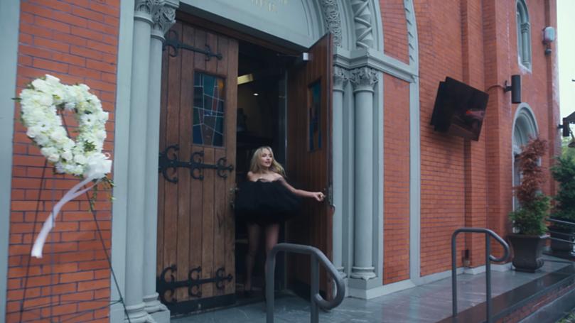 Sabrina Carpenter shot scenes of her 'Feather' music video in the New York City church. IxeJf5IW8B