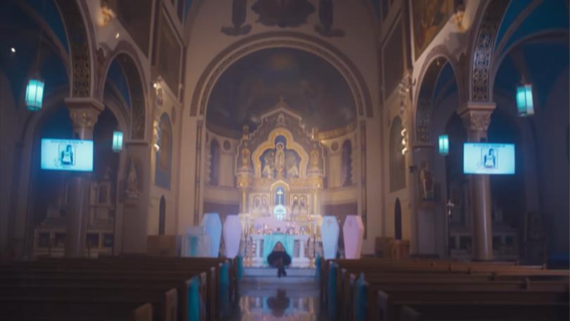 Sabrina Carpenter shot scenes of her 'Feather' music video in the New York City church. IxeJf5IW8B