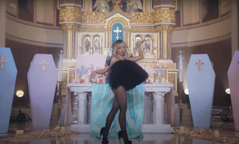 Sabrina Carpenter shot scenes of her 'Feather' music video in the New York City church. IxeJf5IW8B