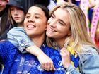 Sam Kerr pictured with partner Kristie Mewis after winning the FA Cup with Chelsea.