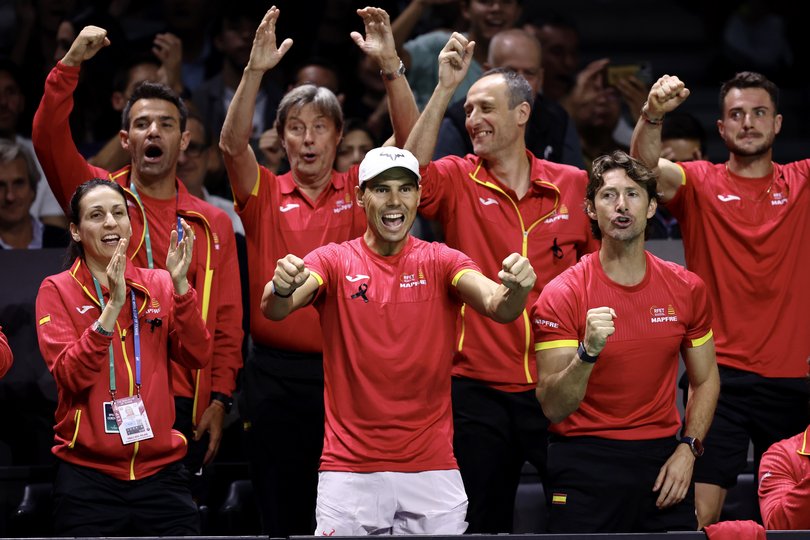 Rafael Nadal cheering teammate Carlos Alcaraz on.