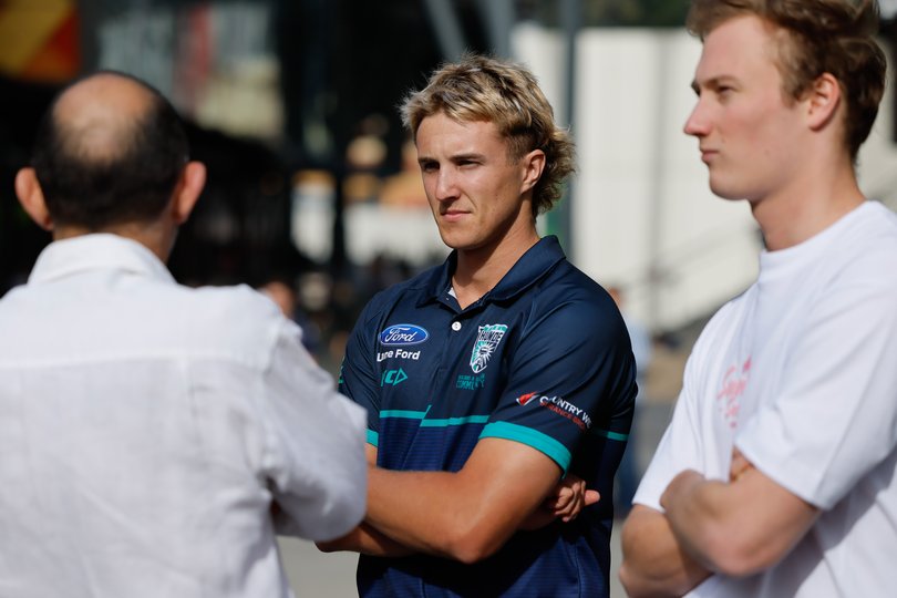 Bo Allan (Peel Thunder) arrives ahead of the 2024 Telstra AFL Draft at Marvel Stadium.