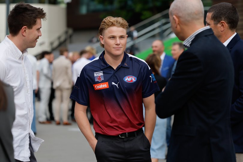 Levi Ashcroft (Sandringham Dragons) arrives ahead of the 2024 Telstra AFL Draft at Marvel Stadium.