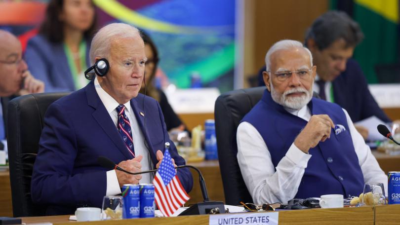 RIO DE JANEIRO, BRAZIL - NOVEMBER 19: Joe Biden president of the United States and Narendra Modi prime minister of India participate partcipates in a working session as part of the G20 Summit Rio de Janeiro 2024on November 19, 2024 in Rio de Janeiro, Brazil. The 2024 G20 Summit takes place in Brazil for the first time. The event gathers leaders of the most important economies. Starvation, sustainable development and social inclusion are some of the issues to be during the summit. (Photo by Wagner Meier/Getty Images)