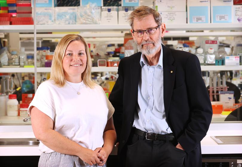 Genetic counsellor and Project officer for Mackenzie’s Mission Sam Edwards with Emeritus Professor Nigel Laing AO at the Harry Perkins Institute of Medical Research.